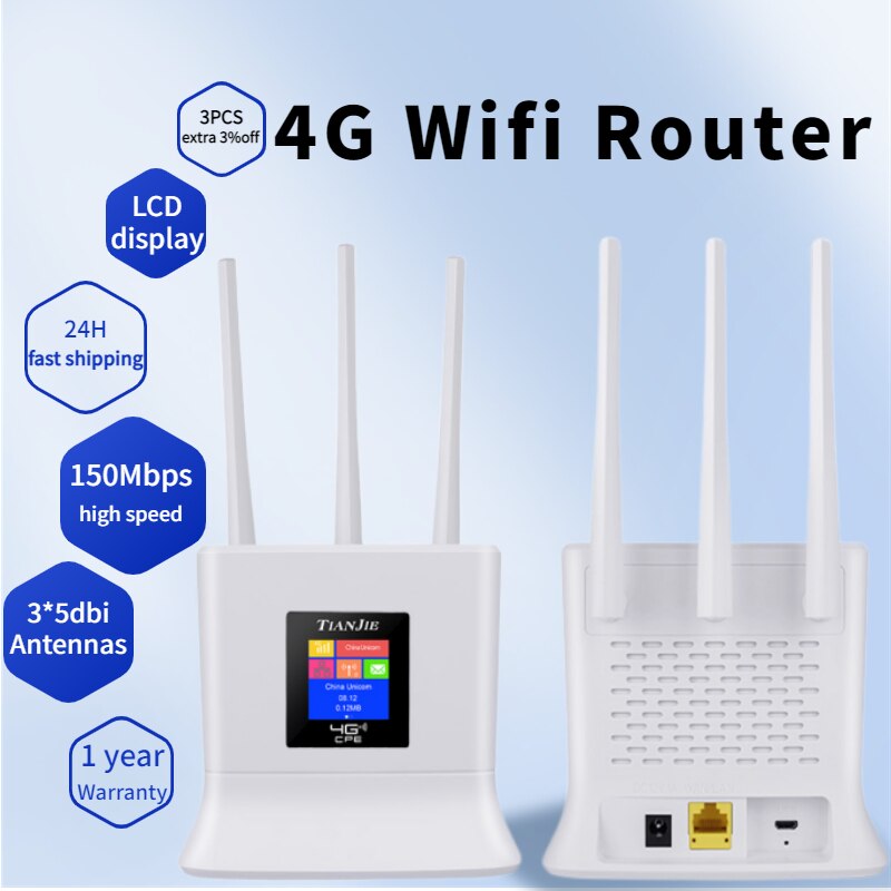  4G  Wifi 150Mbps LTE CPE    Ʈŷ , 3 * 5dbi  ̵ ׳ + SIM ī  WAN/LAN Ʈ